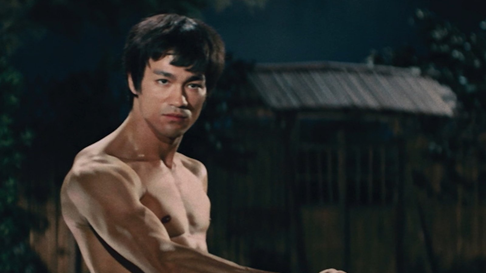 Bruce Lee, standing in a martial arts pose, shirtless