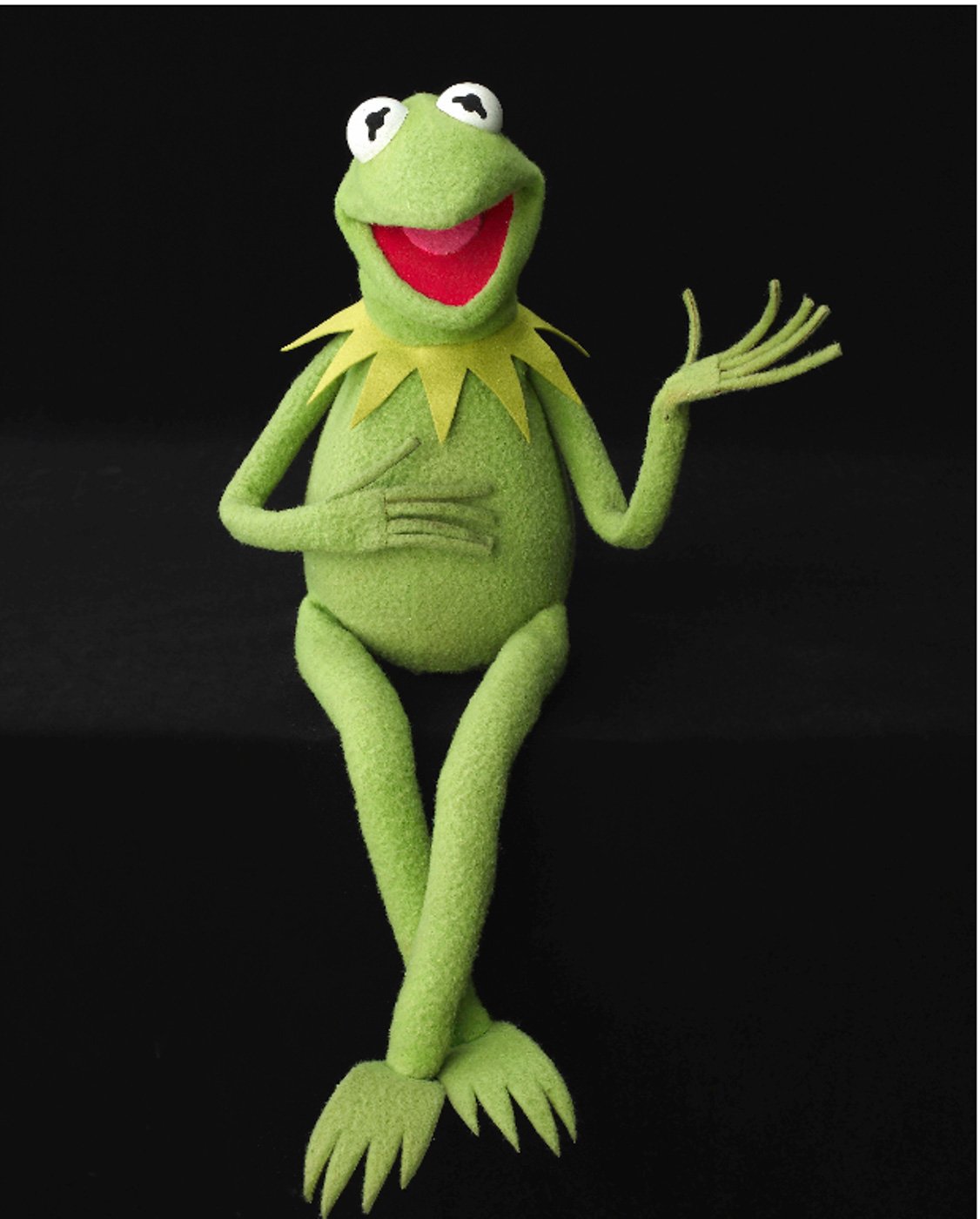 The green puppet Kermit the Frog, one hand facing upwards, smiling at camera