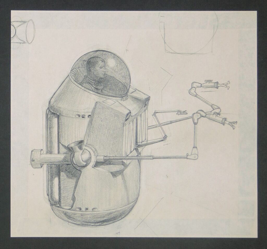 Concept art drawing of a deep-space vehicle pod from 2001: A Space Odyssey