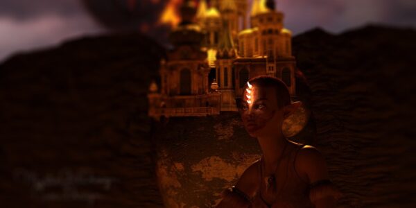 A girl crouches before a large, glowing house, looking into camera