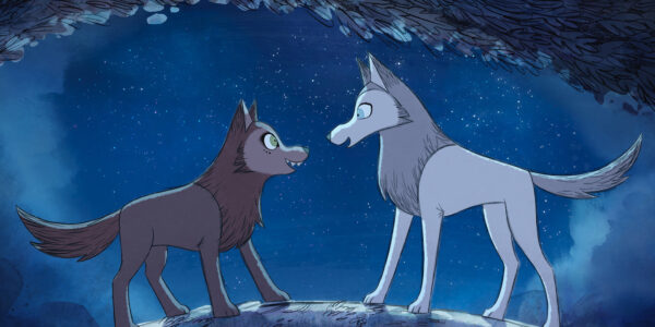 An animated brown wolf and a white wolf looking at each other against a blue background