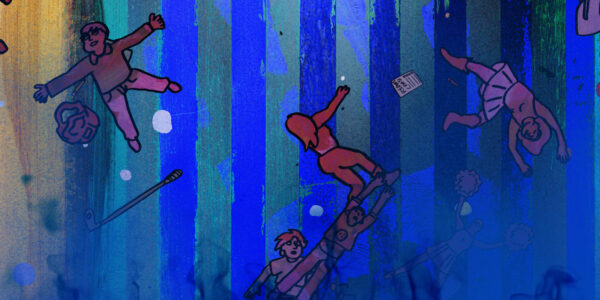 An animated image of teenagers falling through a blue and green psychedelic space