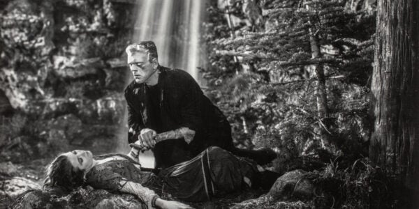Frankenstein's monster stands over a reclining woman's body by a waterfall