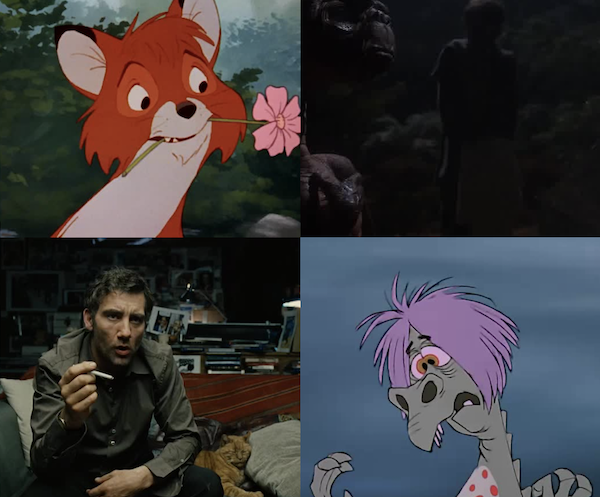 A grid of six images from films, live-action and animated, that feature characters coughing.