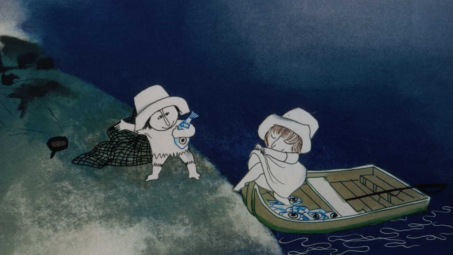 An animated image of two small human figures, the male helping the female figure out of a boat against an evening sky.