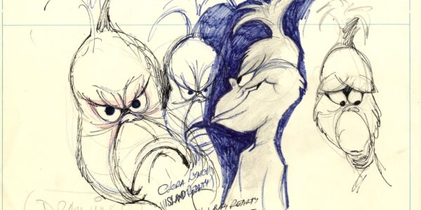 Four sketches of the Grinch animated character in black and white