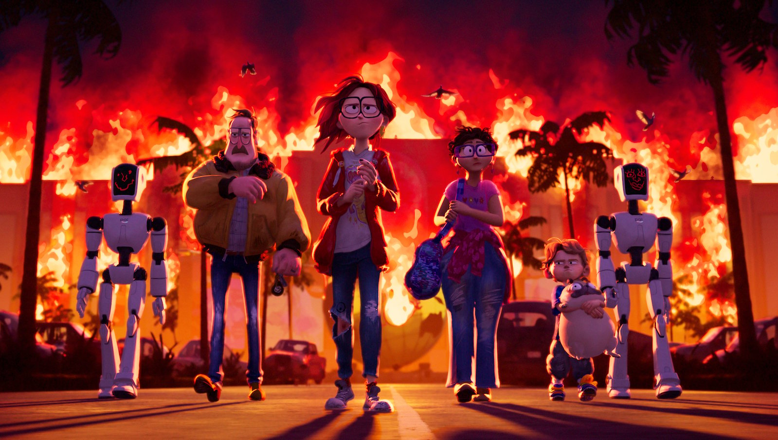 An animated family and some robots walk towards the camera with fire behind them