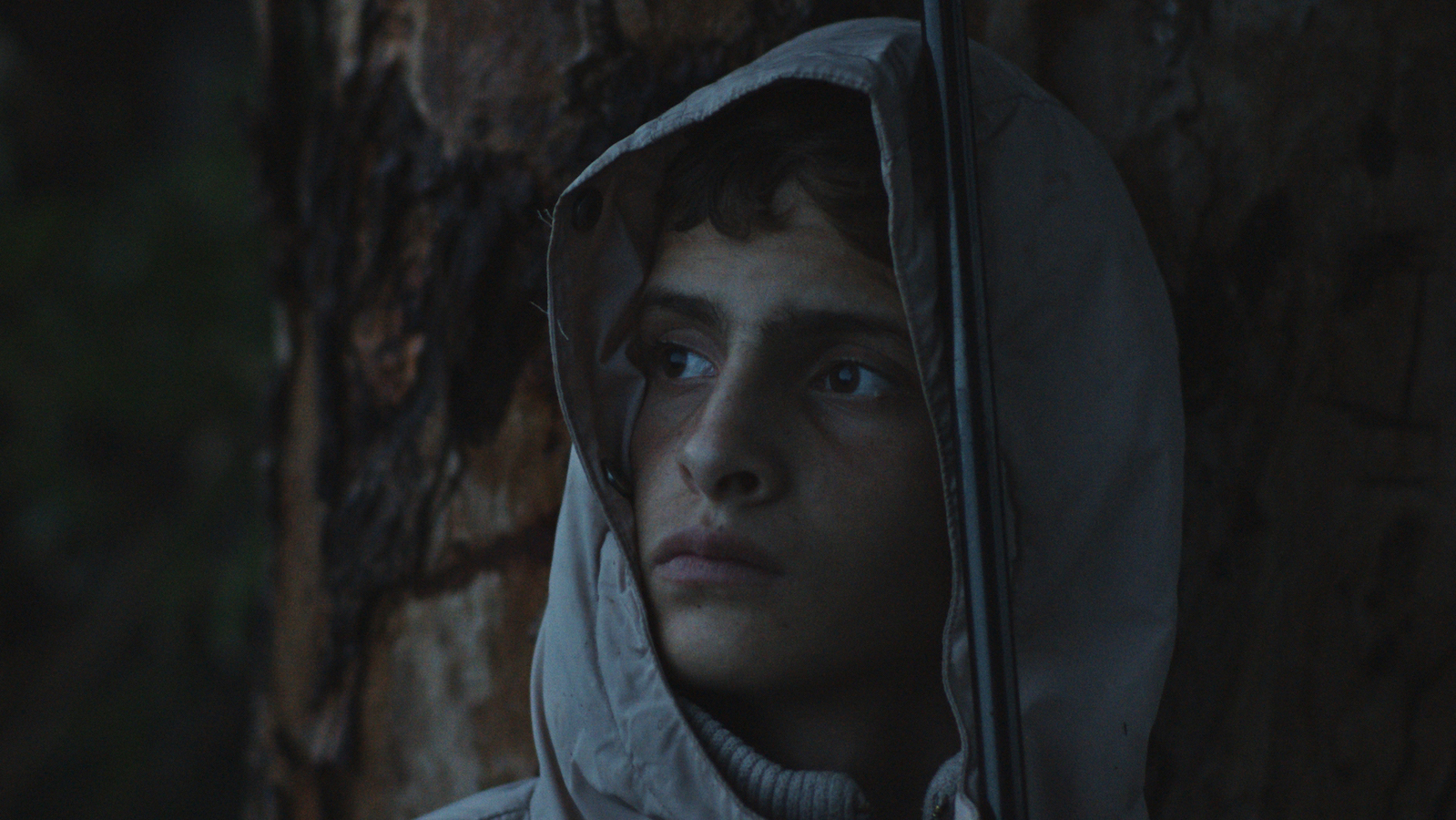 A young melancholy boy, his face draped by a hood, looks off-camera.