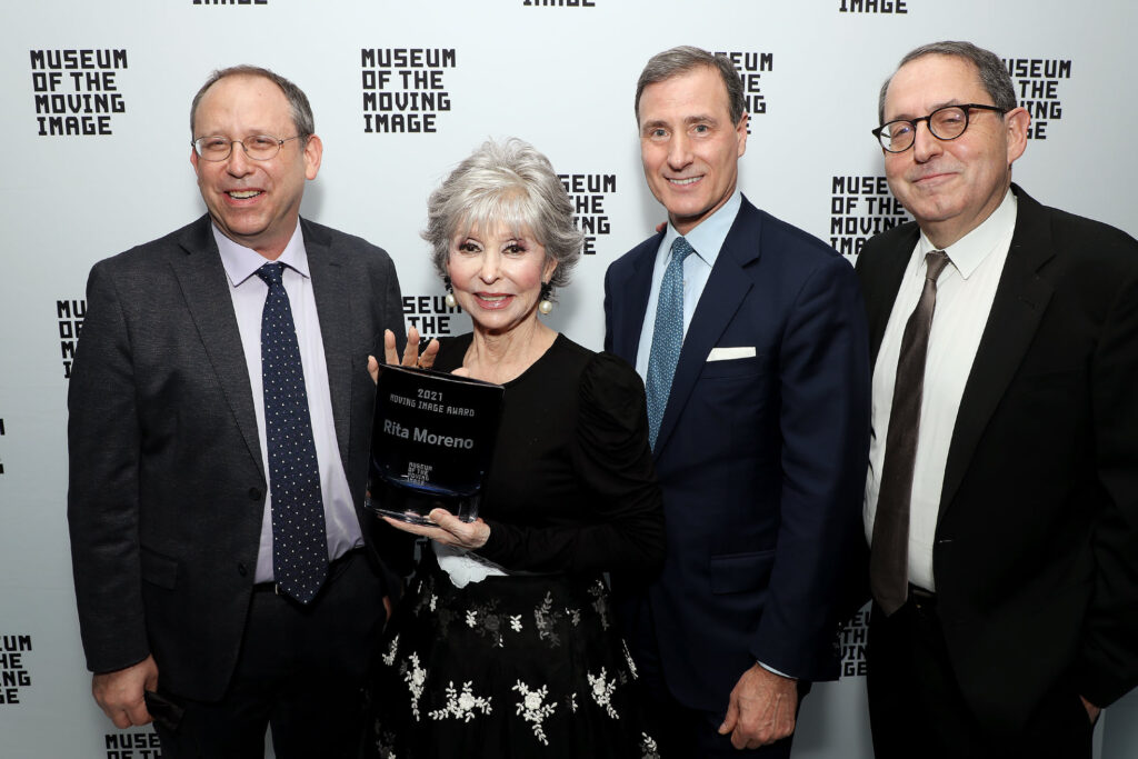 Pictured: Carl Goodman (Exec Dir. MoMI), Rita Moreno, Ivan Lustig (Co-Chair MoMI) and Michael Barker (Co-Chair MoMI). PHOTO by Marion Curtis / StarPix for MoMI