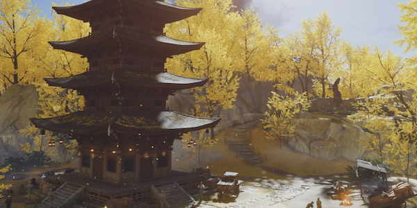 A pagoda surrounded by autumn yellow leaves.