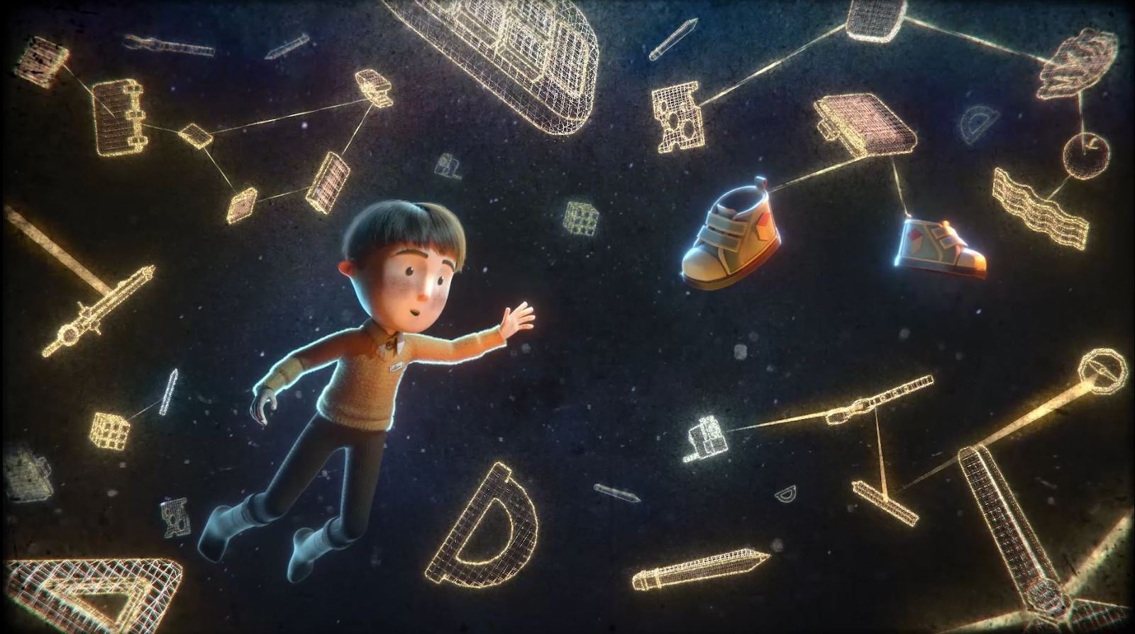 A boy reaching for his shoes in space.
