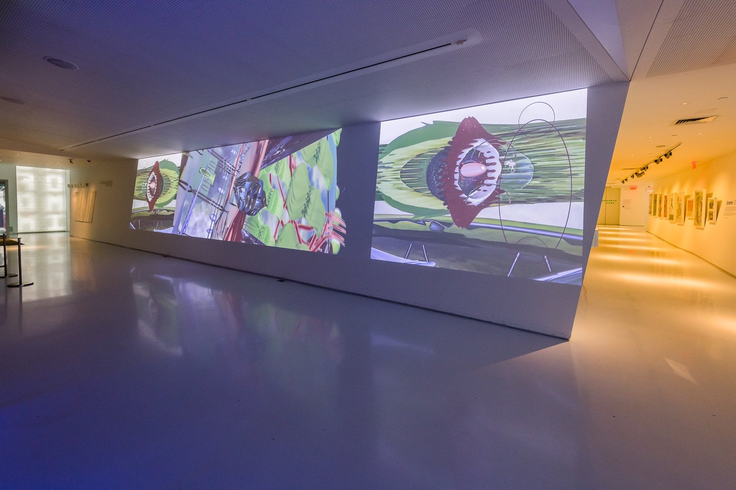 An art installation screening on the lobby wall of MoMI.