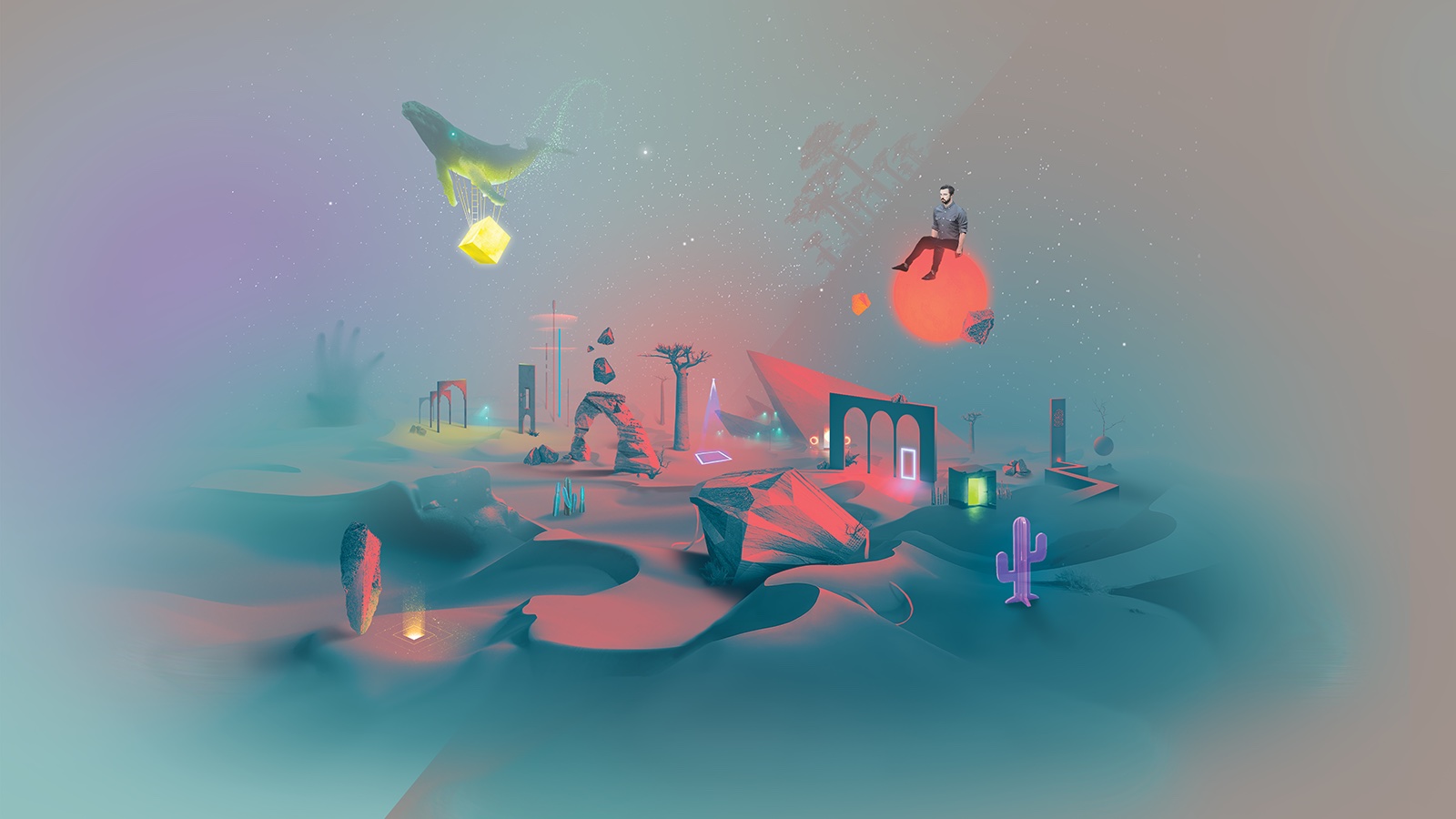 A digital rendering of a holoverse fantasy land glowing red and yellow and featuring a purple cactus, a floating green whale, and a man sitting on a glowing sphere, all over sand dunes