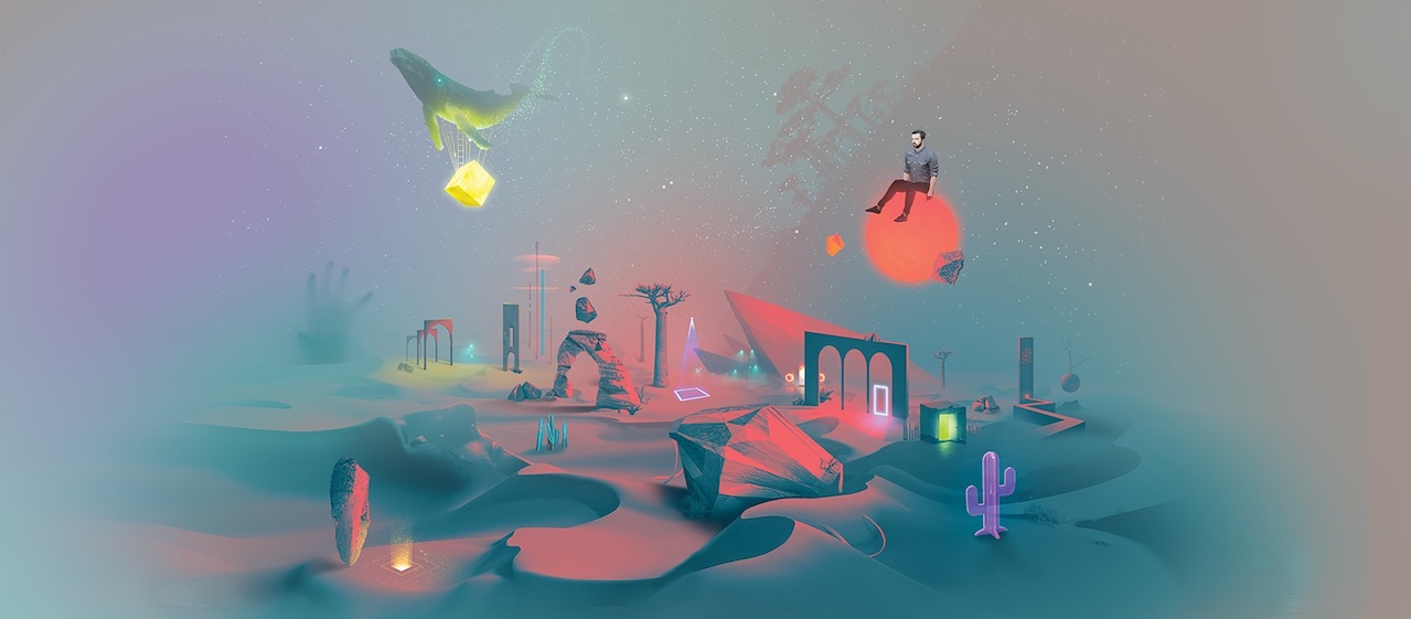 A digital rendering of a holoverse fantasy land glowing red and yellow and featuring a purple cactus, a floating green whale, and a man sitting on a glowing sphere, all over sand dunes