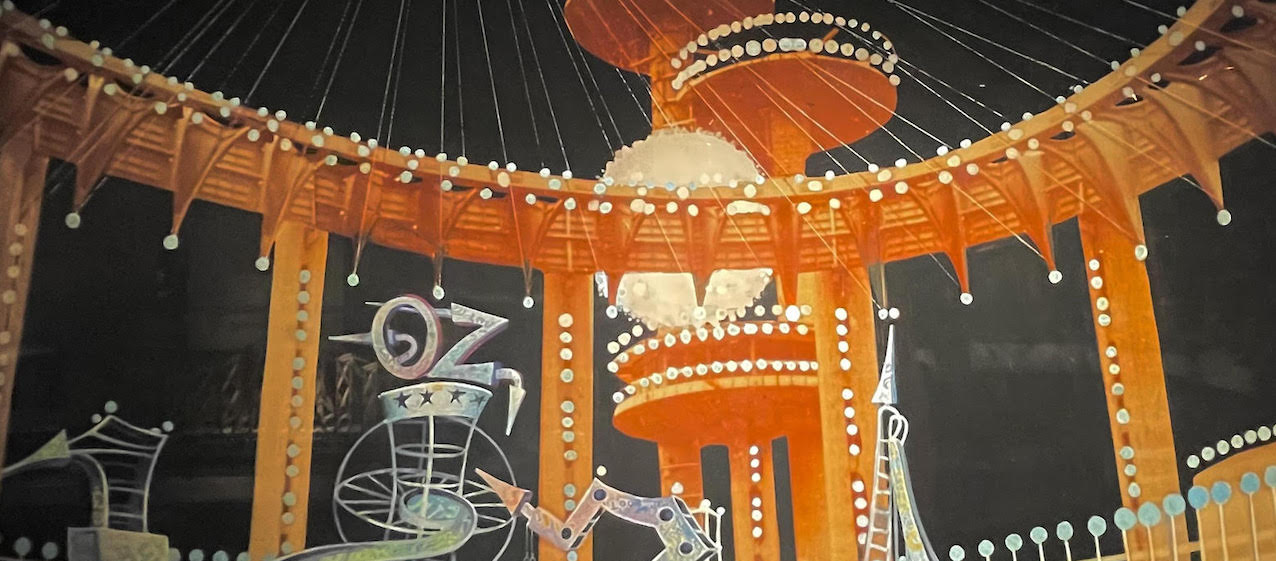 An orange and fellow artist's rendering of the Oz set from the movie THE WIZ
