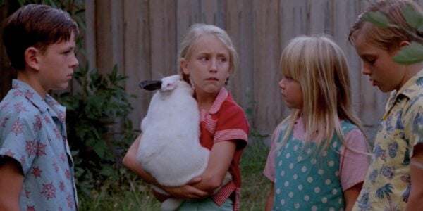A little blonde girl clutches a white rabbit while three other kids surround her.