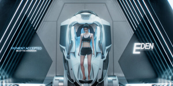 A woman stands in a futuristic portal marked "Eden"