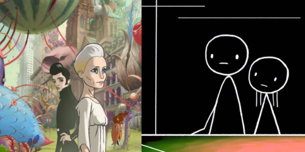 Images from animated films, on the left a white haired female character looks around at a fantastical green world; on the right, two sad stick figures in white stand against a blank black background