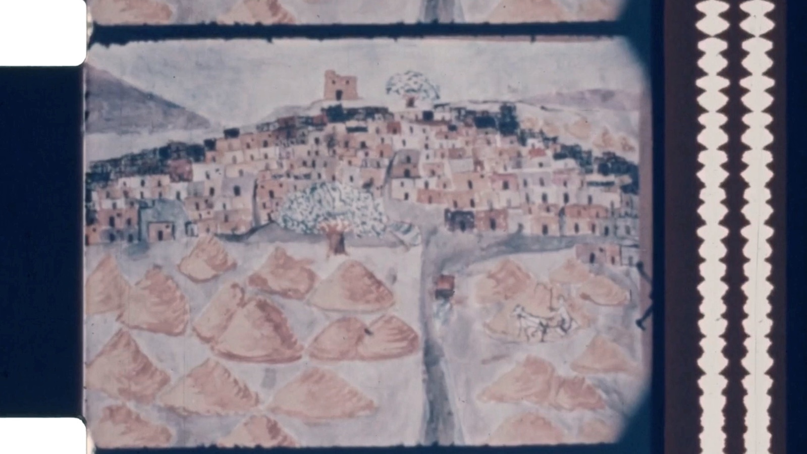 A celluloid image of a drawing of a middle-eastern village