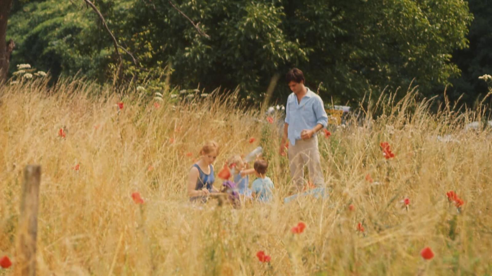 A man stands in a yellow field next to a woman and a young child, surrounded by red summer flowers