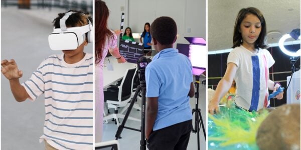 A trio of images of children engaging in education activities at the Museum, on the left wearing a VR headset, in the middle a child in a blue shirt behind a camera, his back to the camera, and the right a young girl touching plastic objects on a table
