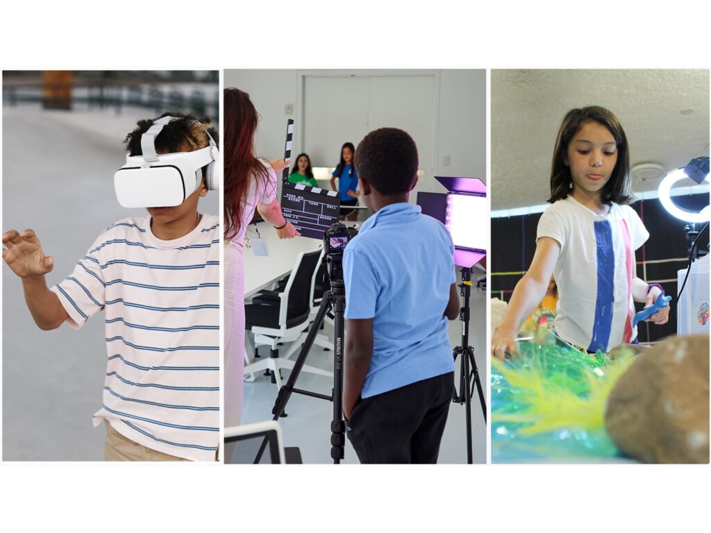 A trio of images of children engaging in education activities at the Museum, on the left wearing a VR headset, in the middle a child in a blue shirt behind a camera, his back to the camera, and the right a young girl touching plastic objects on a table