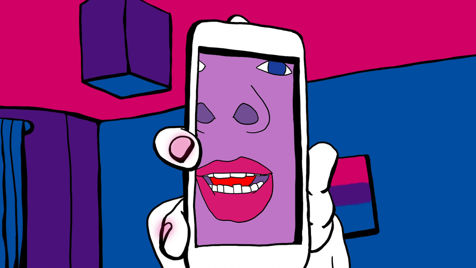 An animated image of a hand holding a cell phone, with an image of a face mirrored on the phone. The colors are blue and purple.