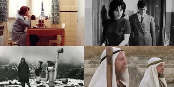 A quad of images of films: a woman sitting at a kitchen table, a woman and a teenage boy standing in a hallway, two biblical men in robes, and a man standing by a structure on a mountaintop