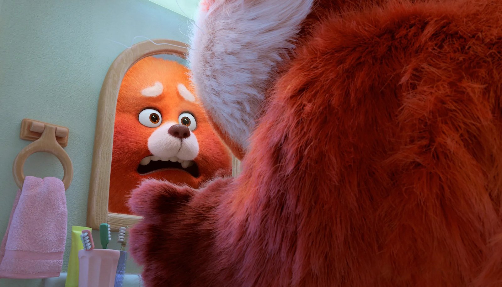 A furry red panda looks in a tiny bathroom mirror with a concerned expression and wide eyes