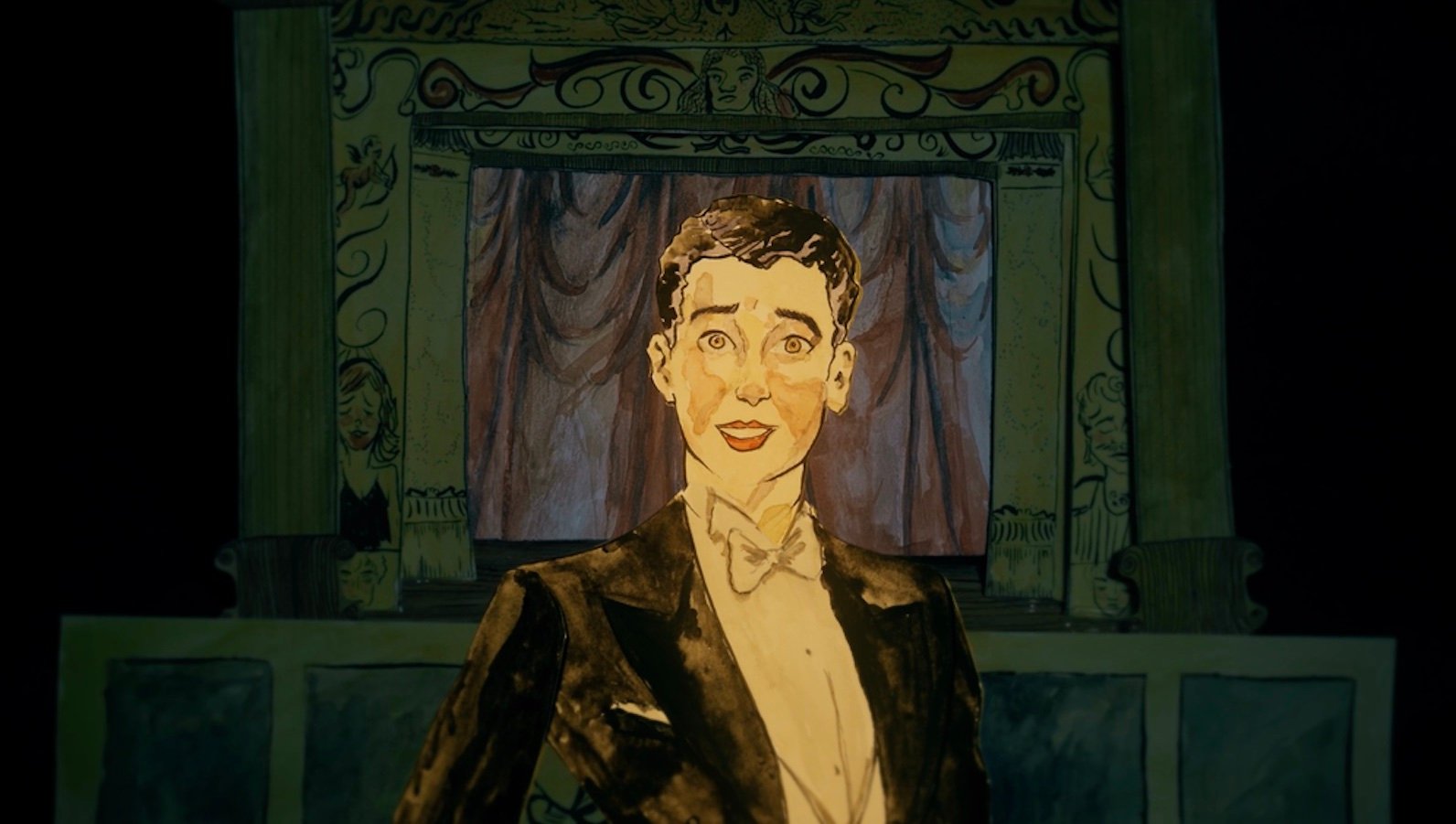 A cartoon drawing of a man in a tuxedo smiling and looking out at camera