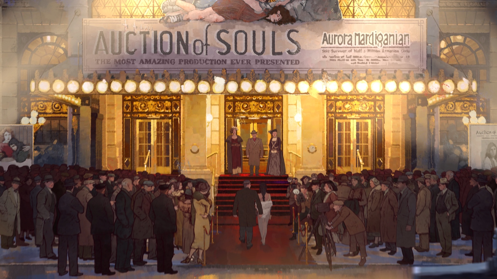illustration of a movie premiere at the Plaza hotel with "Auction of Souls" in the marquee