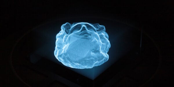 A holographic image of a head bust in blue against a black background