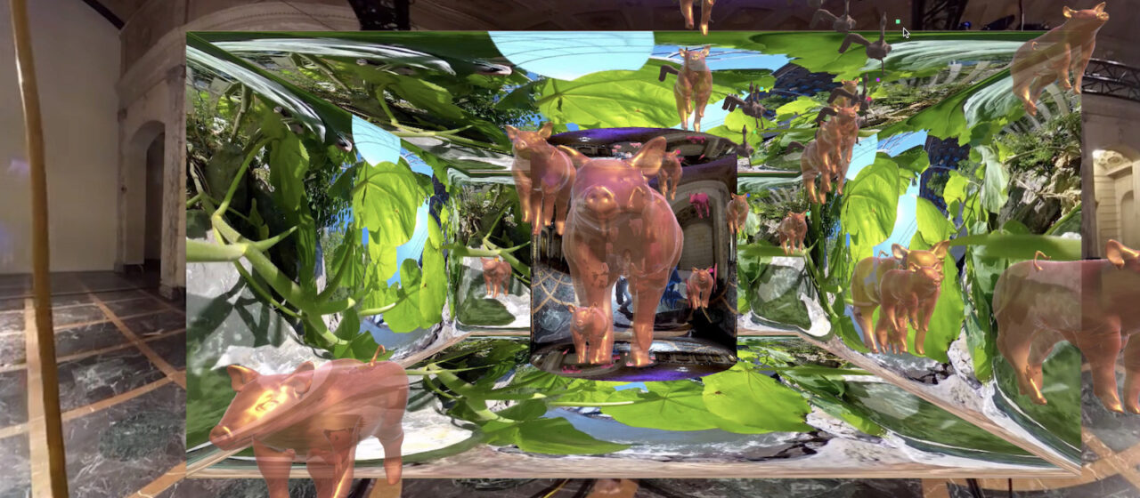 Computer animated images of pigs floating in glass squares amidst green leaves