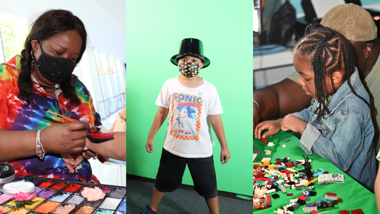 images of a black woman makeup artist painting on a child's arm, a boy in front of a green screen, and young girl playing with legos