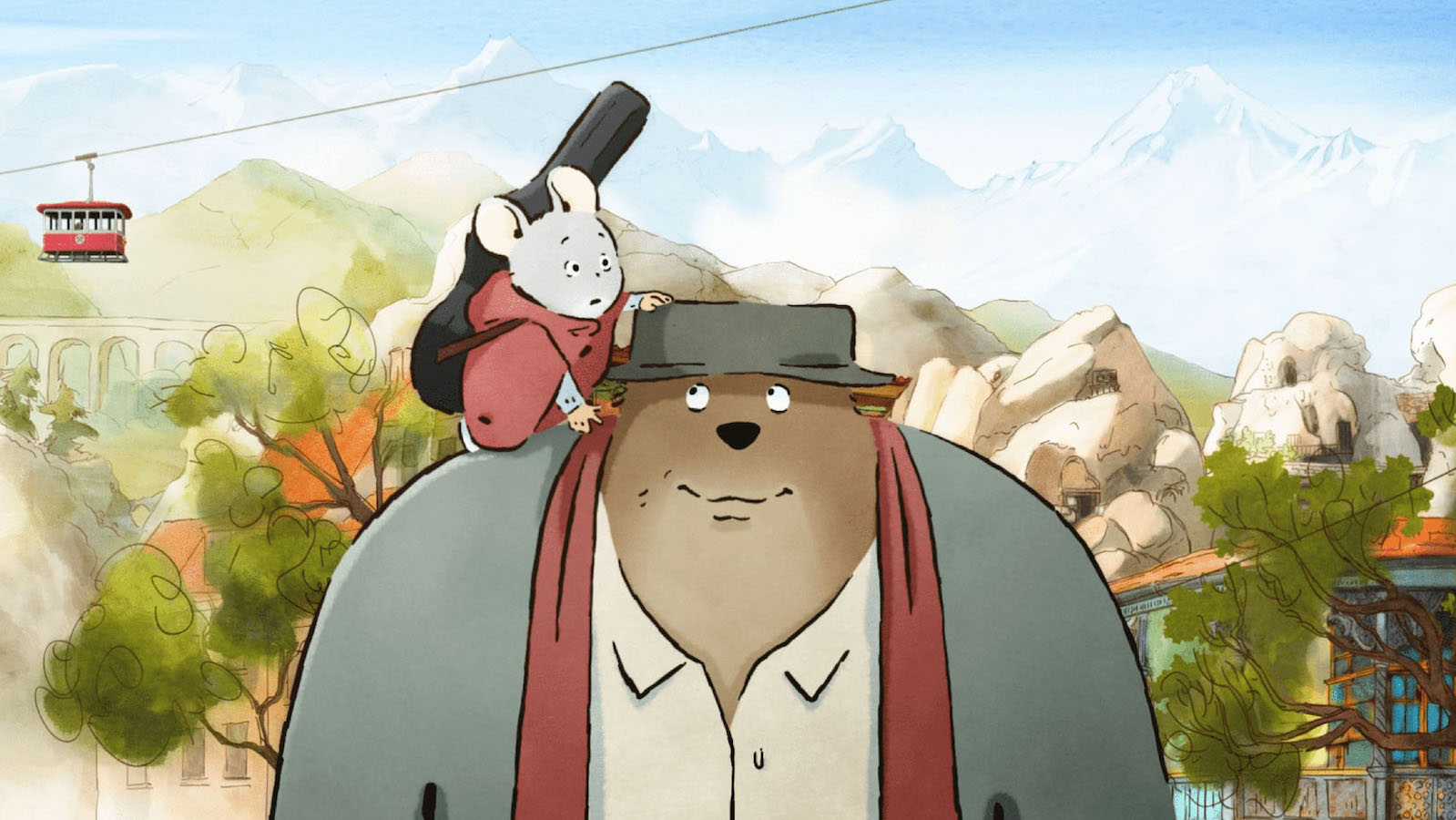 A bear wearing a hat carries a mouse holding a guitar on his shoulder