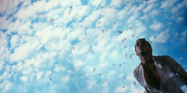A man surrounded by floating flower petals against a blue sky